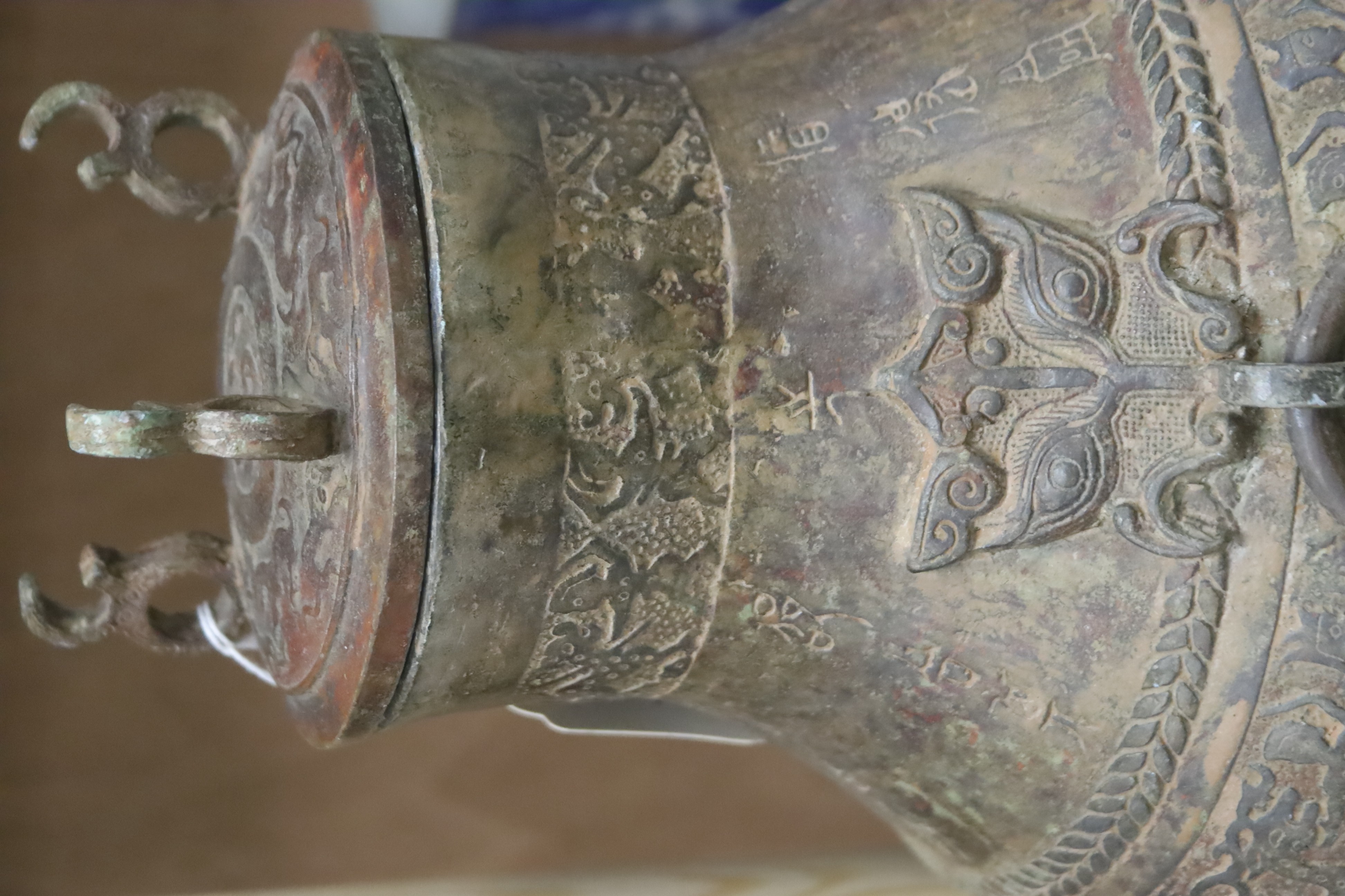 A Chinese cast bronze jar and cover, height 40cm